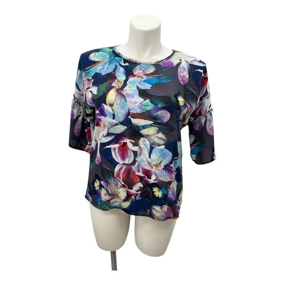 Spense Blue and Purple Floral 3/4 Sleeve Blouse
